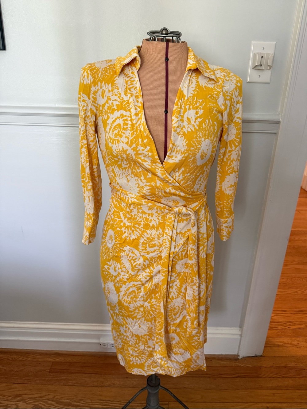 Diane Von Furstenberg Yellow and White Floral Wrap Midi Dress
